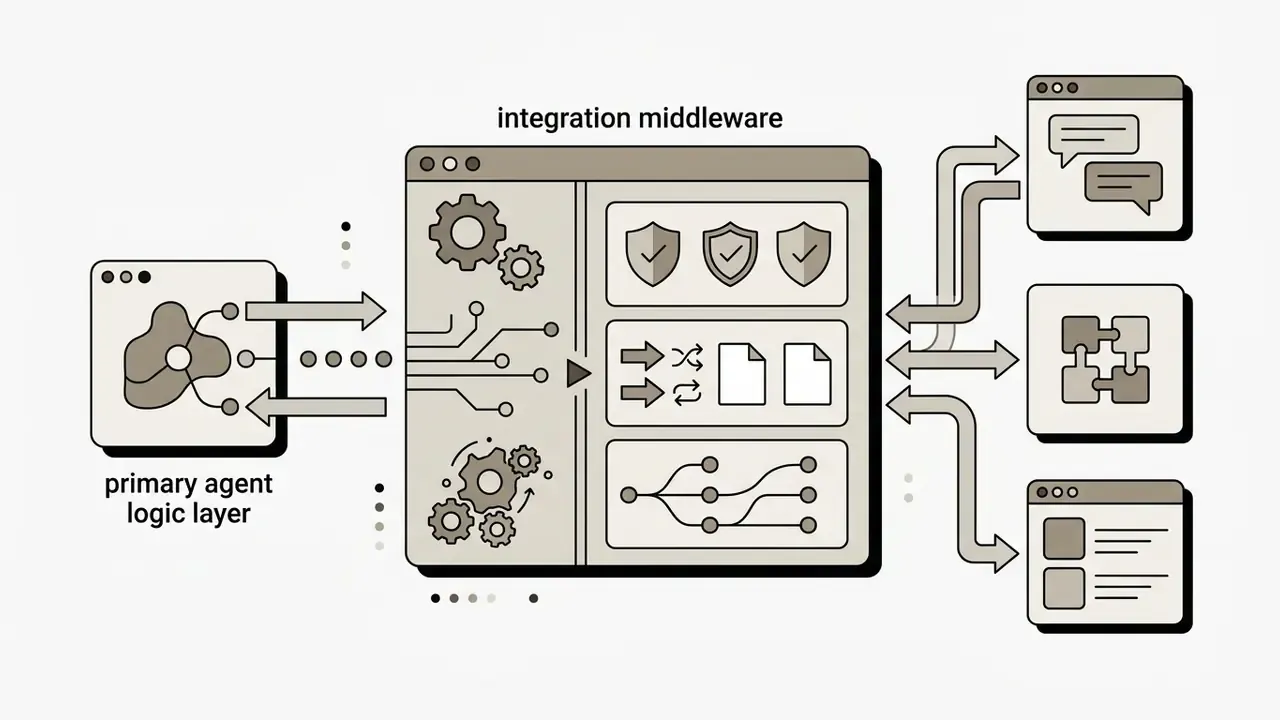 Integration middleware connecting a primary agent logic layer to external systems and data platforms