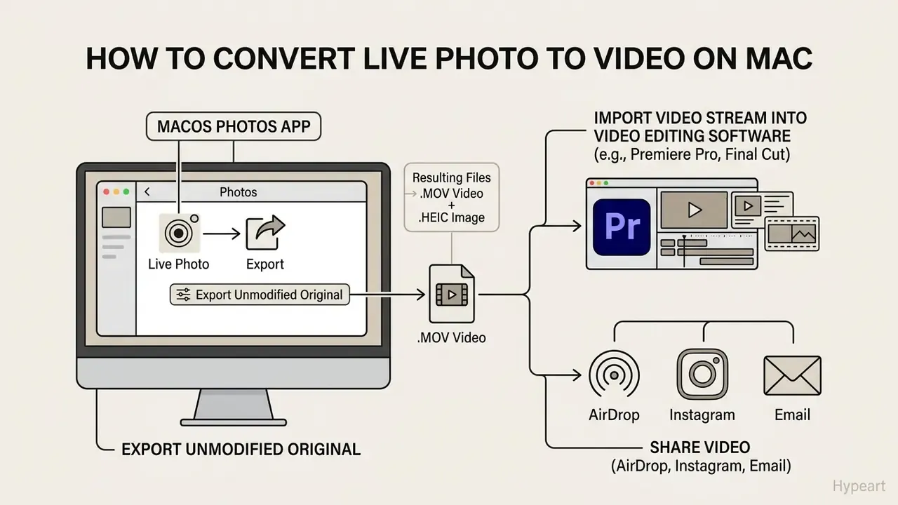 Workflow showing how to save live photo as video on Mac by exporting the original file for editing or sharing