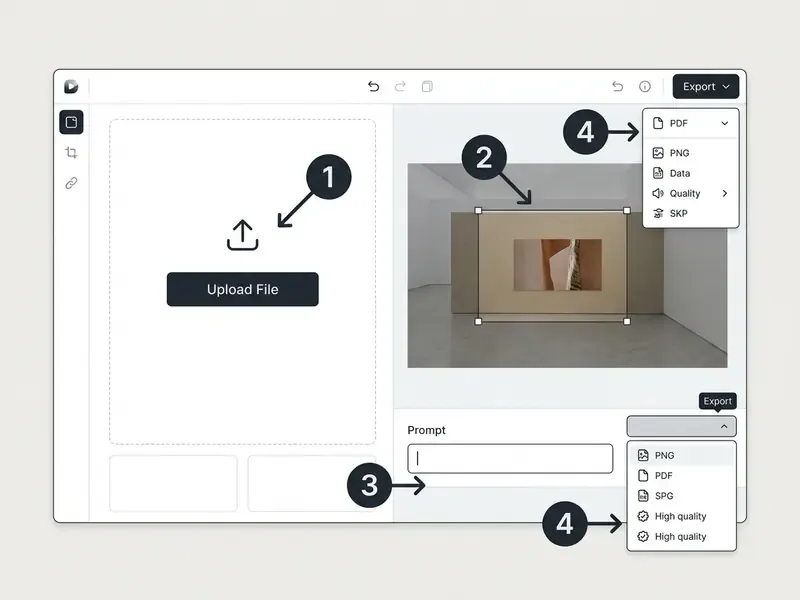 Numbered interface screenshot highlighting file upload, masking, prompt entry, and export settings