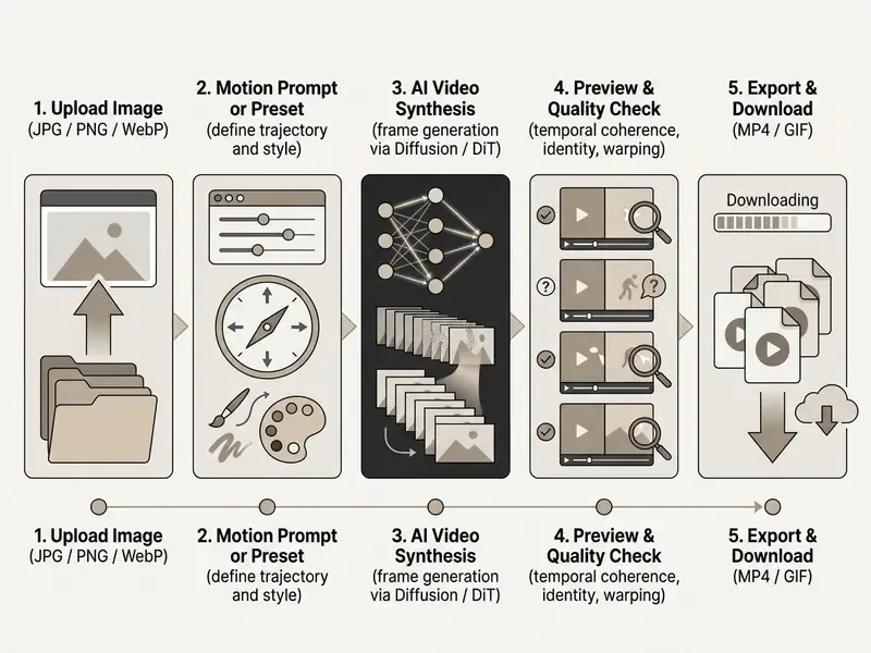 Five step workflow diagram showing how to ai animate photo free from upload to final video export