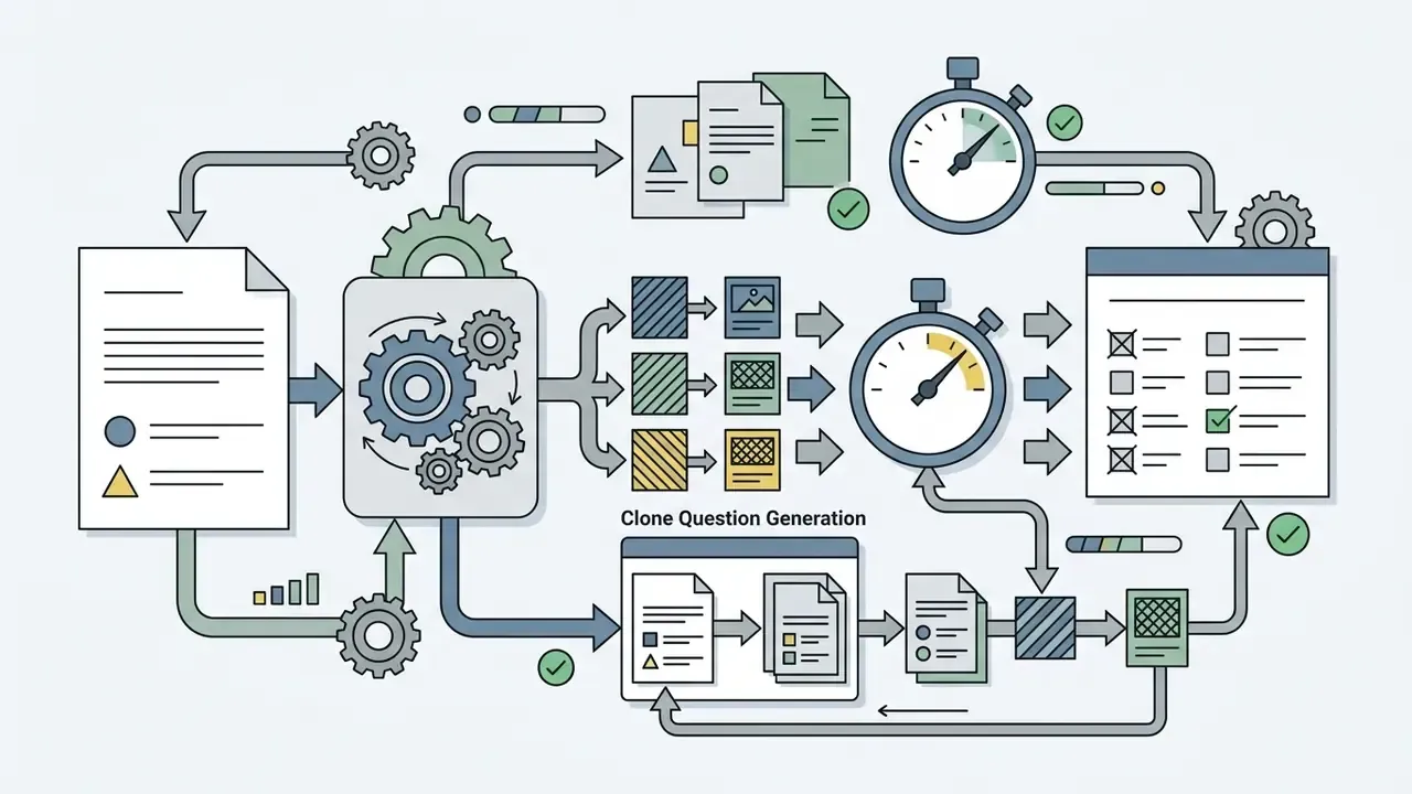 Documents feeding into a gear processor that routes data to timed question generation and test forms