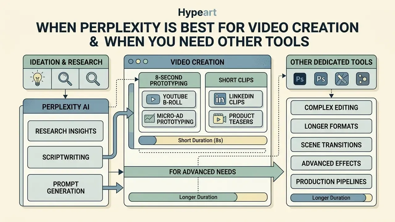 Process map comparing Perplexity AI research and prototyping workflows against dedicated video tools