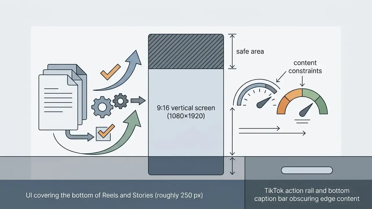 Vertical screen layout showing safe areas and UI constraints for social media video content