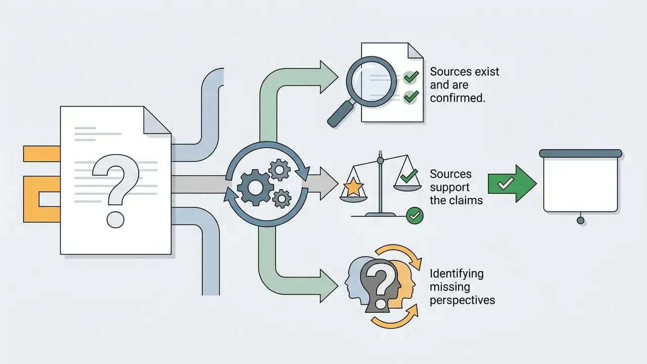 Steps for evaluating AI generated content by checking source validity, claim support, and perspectives