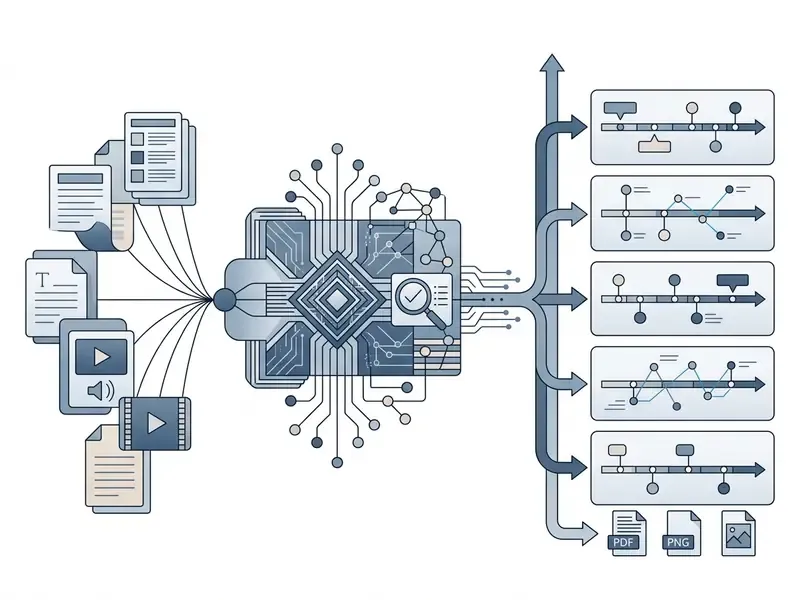 Diagram showing various media inputs being processed by a central AI chip into diverse timeline formats