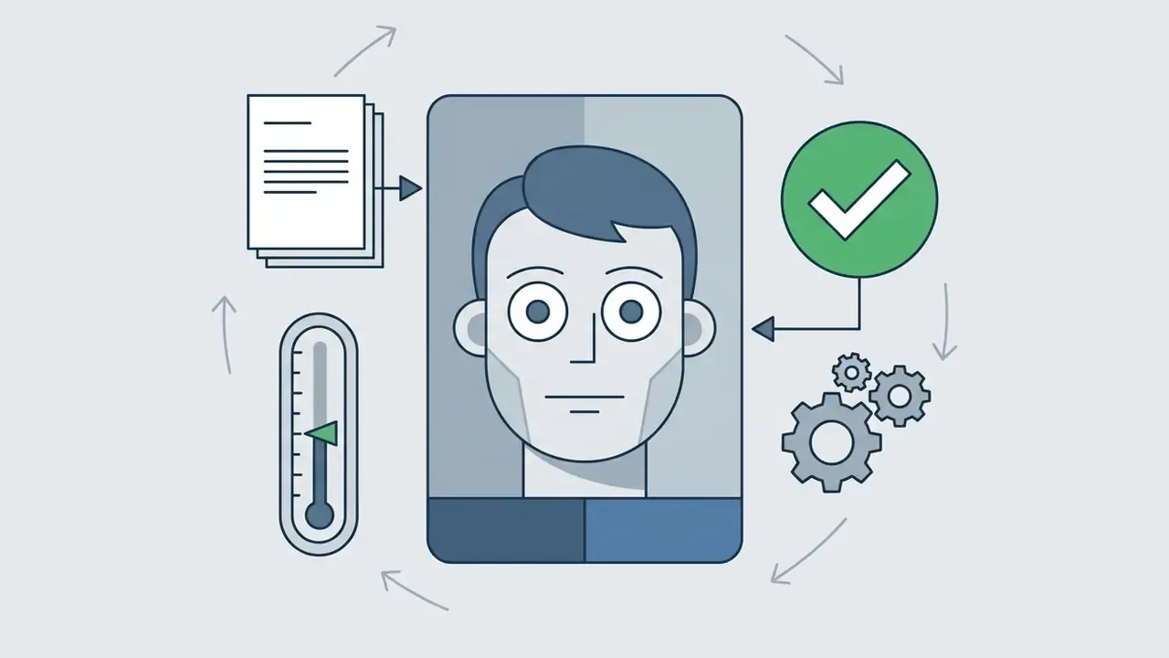Stylized portrait of a person surrounded by icons representing data input, processing, and validation