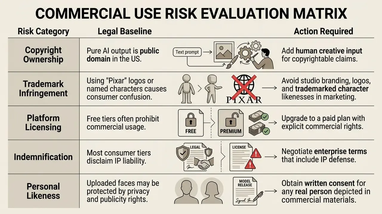 Table outlining legal risks and required actions for the commercial use of generated digital assets