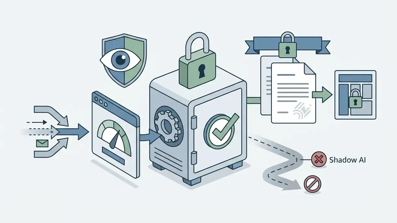 Data flowing through a speedometer and locked vault toward protected documents while avoiding Shadow AI paths