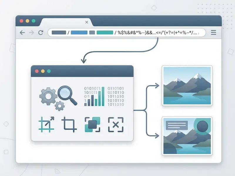 Browser address bar with URL parameters transforming a mountain image with text and graphic overlays