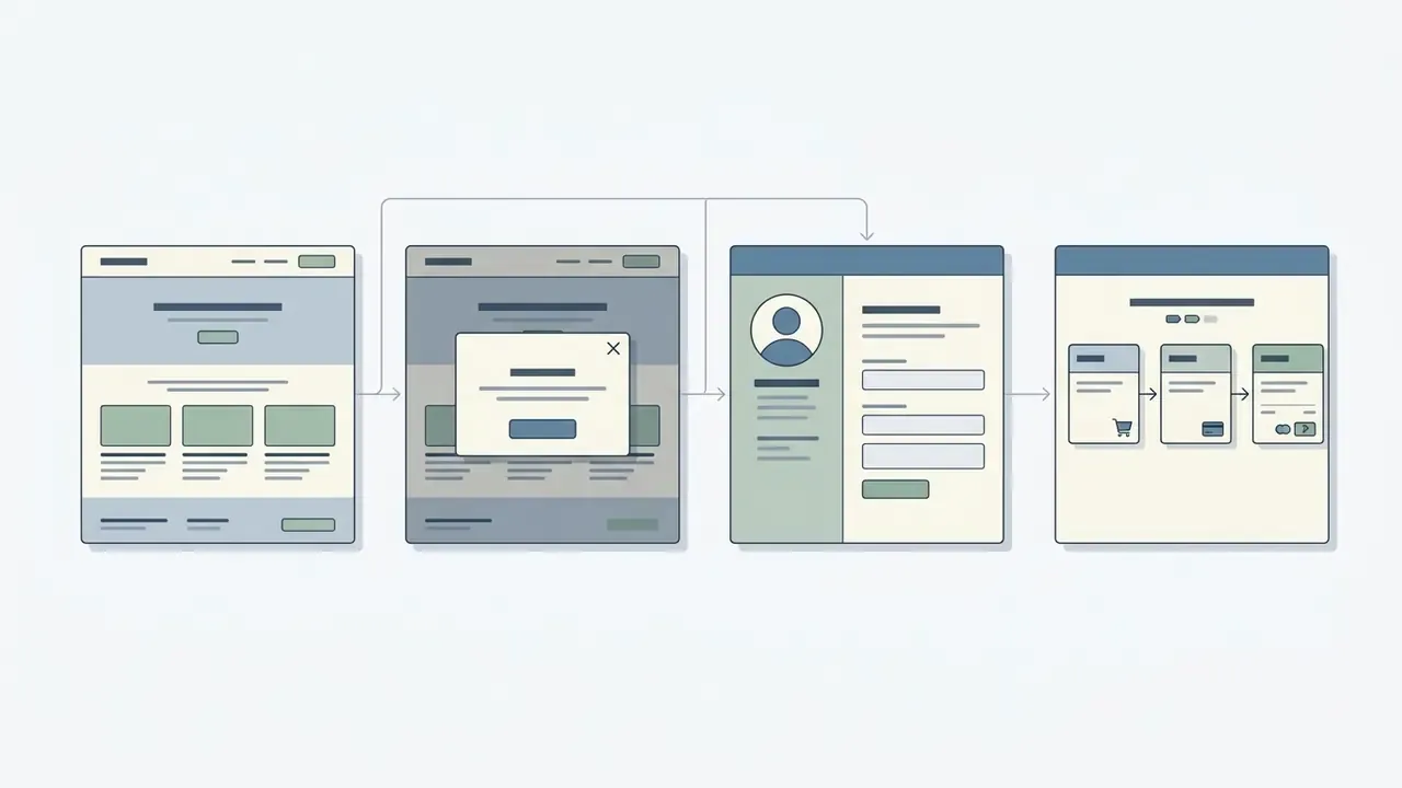 Sequence of website wireframes showing a landing page, modal dialog, user profile, and checkout flow