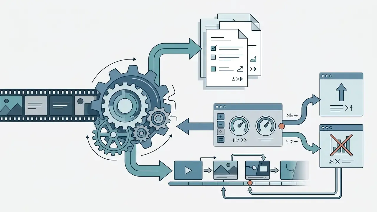 Gear mechanism processing raw video footage into edit logs and updated timeline clips for AI video editing