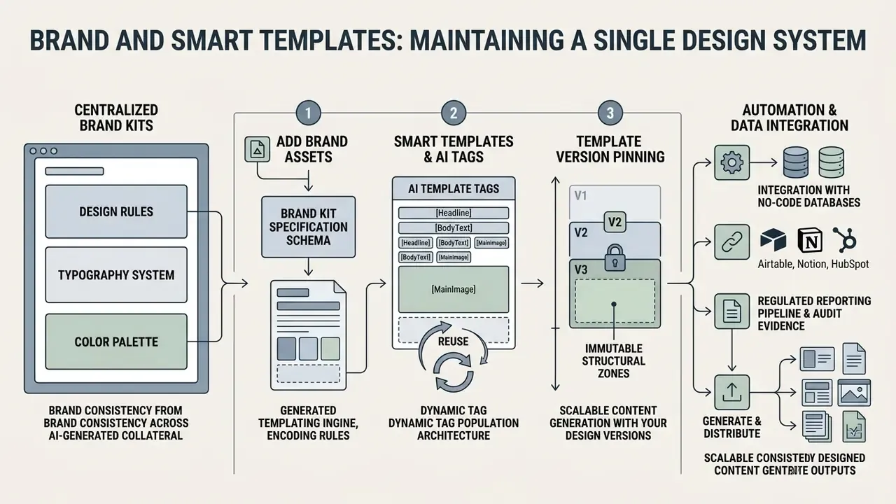 Flowchart showing how centralized brand kits inform smart templates and automated data integration workflows