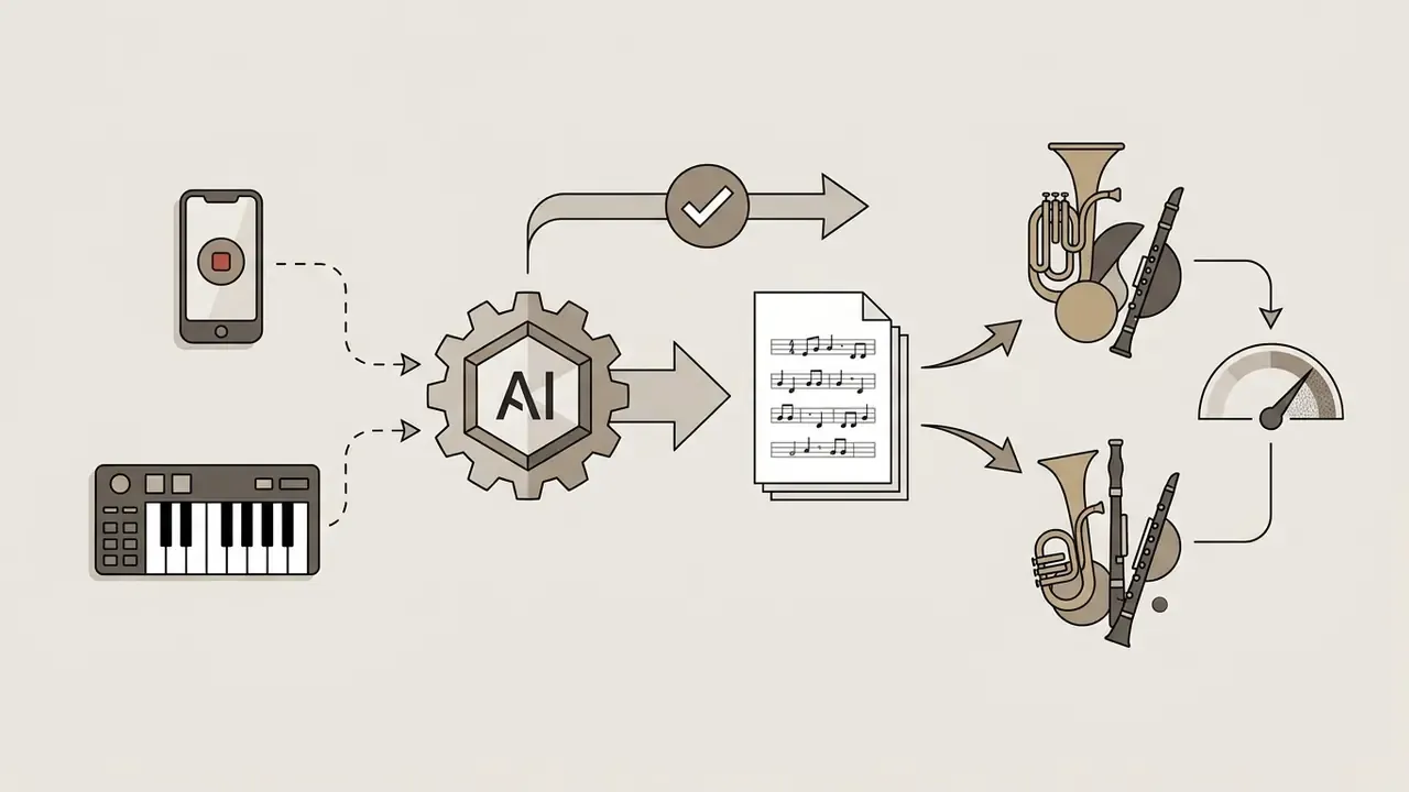 Smartphone and MIDI keyboard inputs feeding an AI gear to produce musical scores for different ensembles