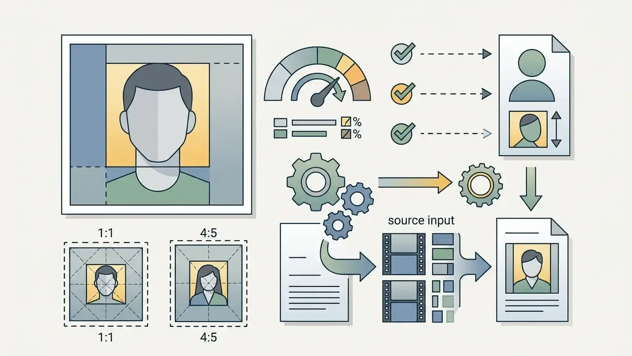 Visual guide showing optimal headshot framing ratios and the technical process of photo processing