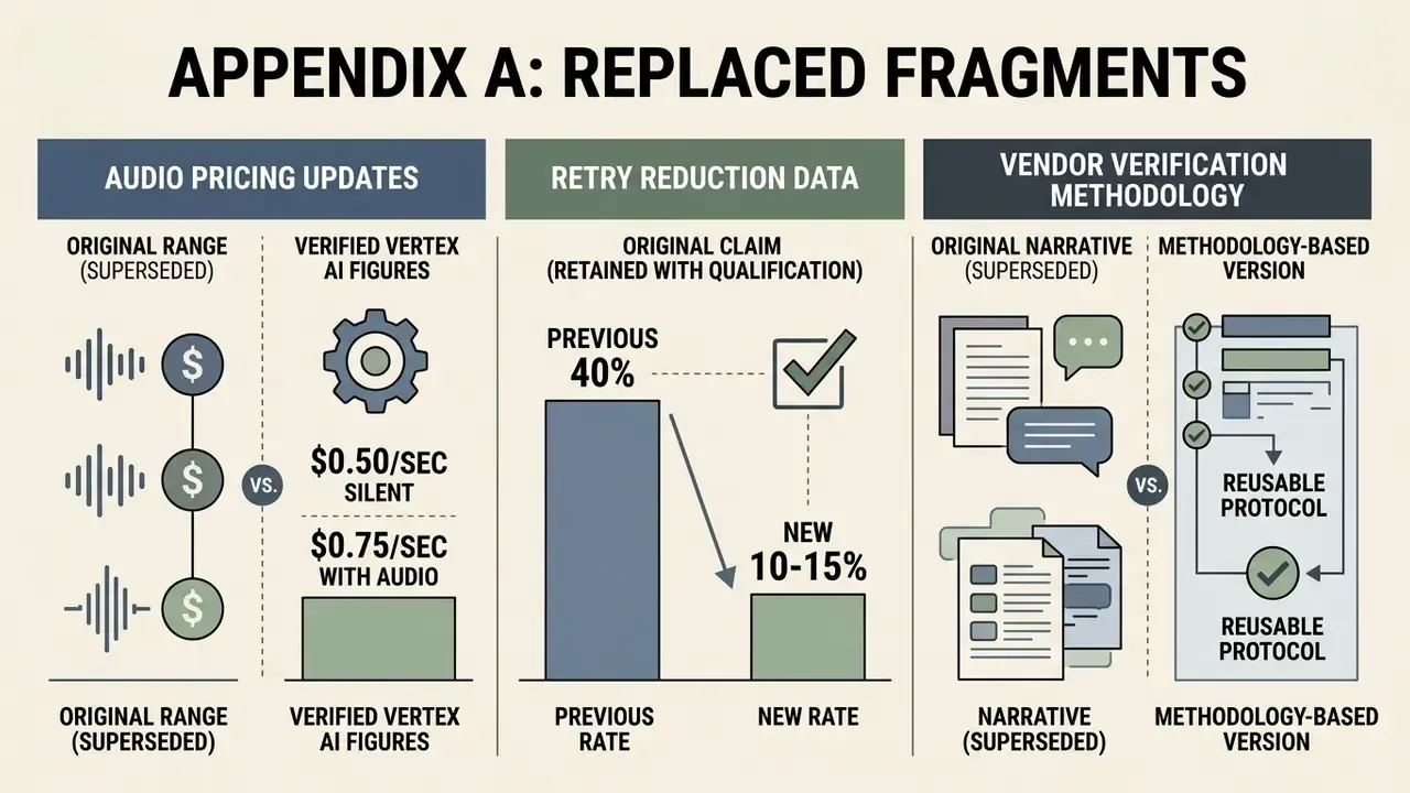 Comparison table showing updates to audio pricing, retry reduction data, and vendor verification methods