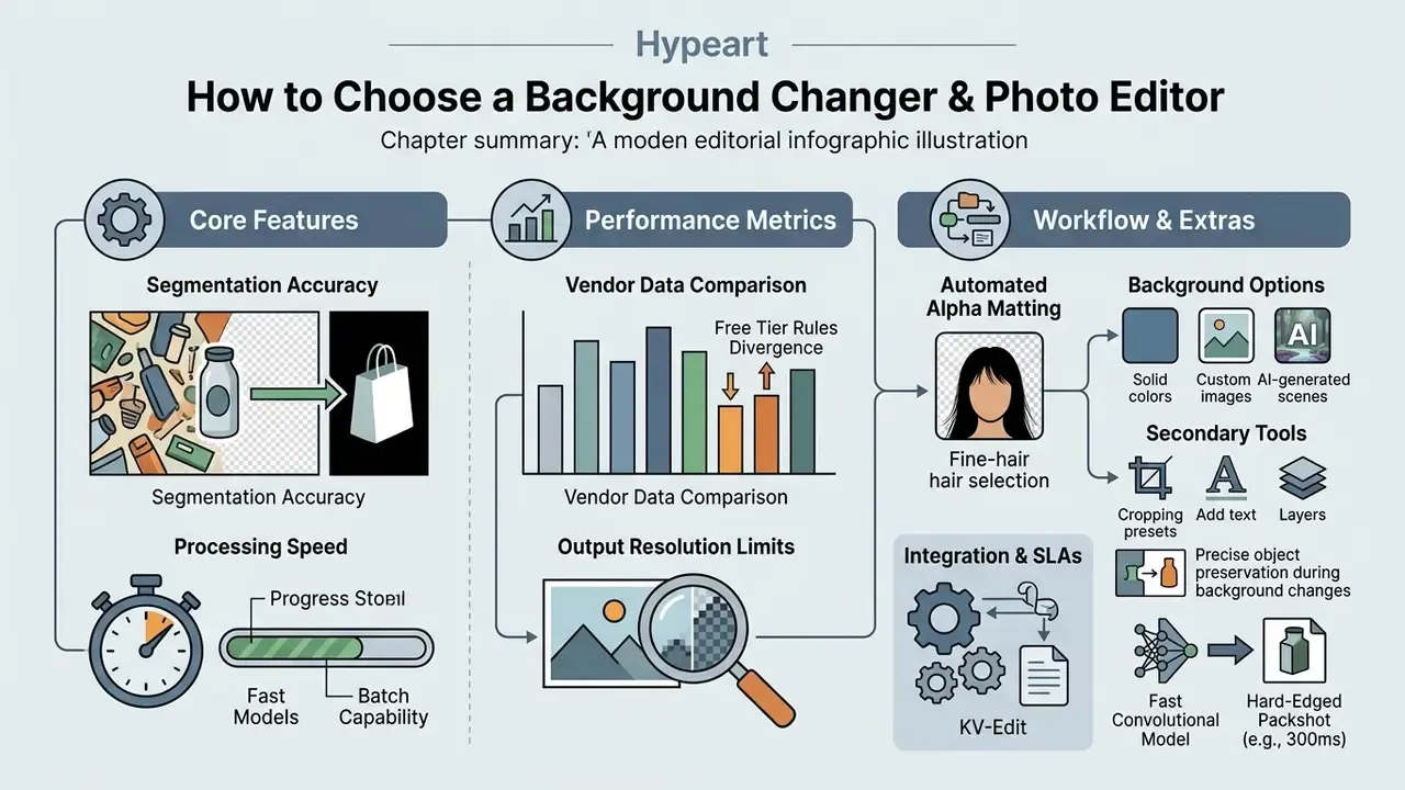 Infographic detailing core features, performance metrics, and workflow for choosing a photo editor