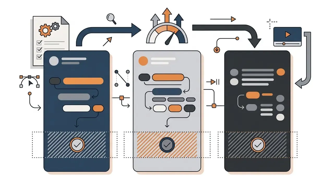Three vertical mobile screens showing content flow and safe zone areas for short form video editing