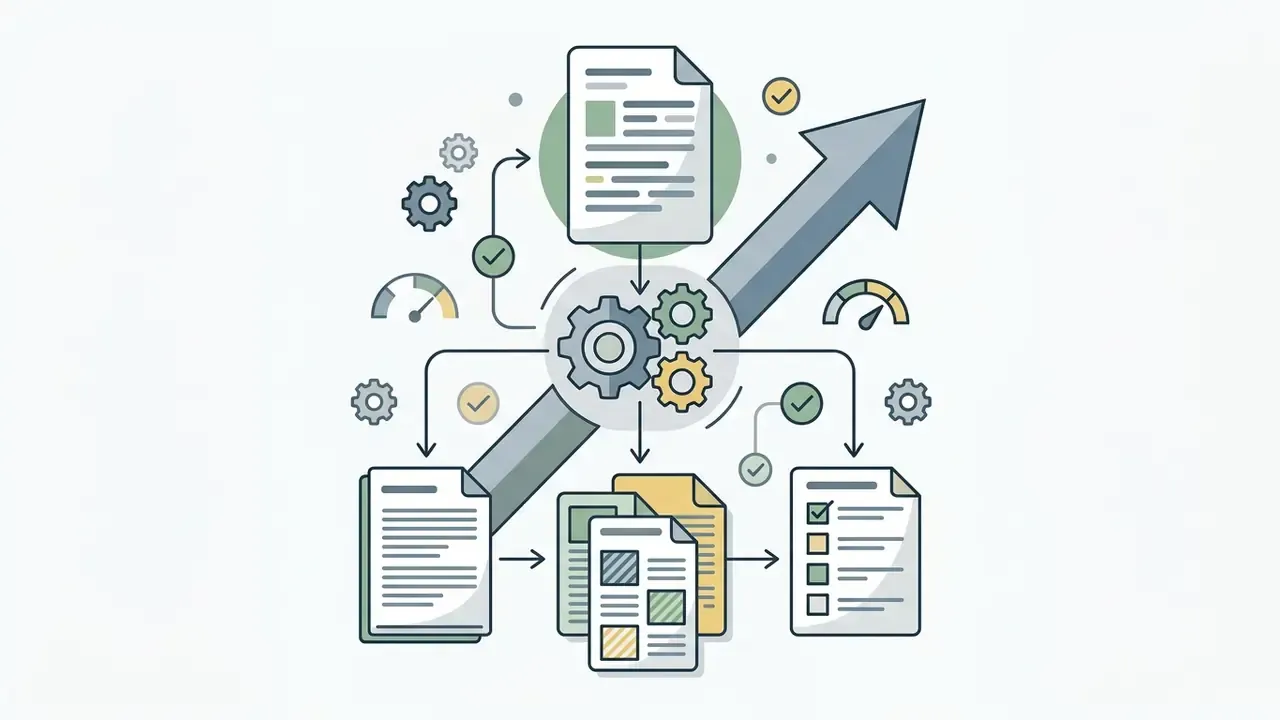 Gears processing document drafts into structured worksheets and checklists with upward growth indicators