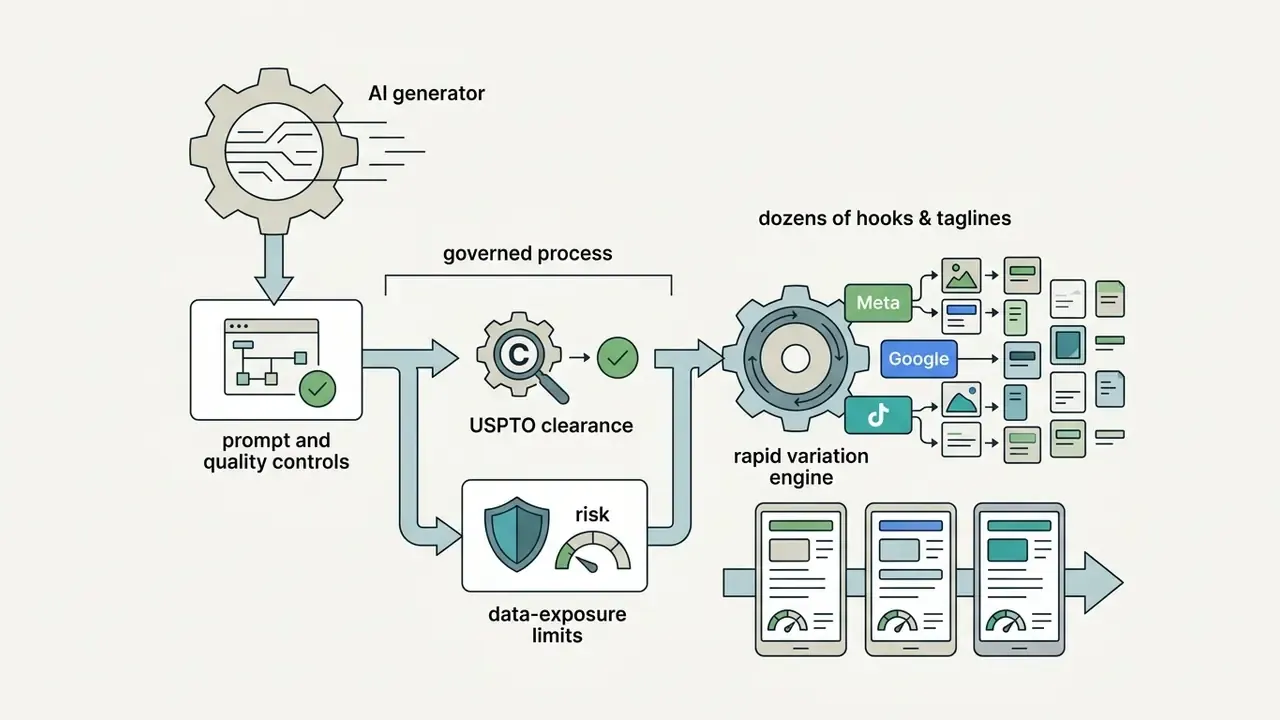 Workflow showing AI generation through quality controls, legal clearance, and rapid ad variation testing