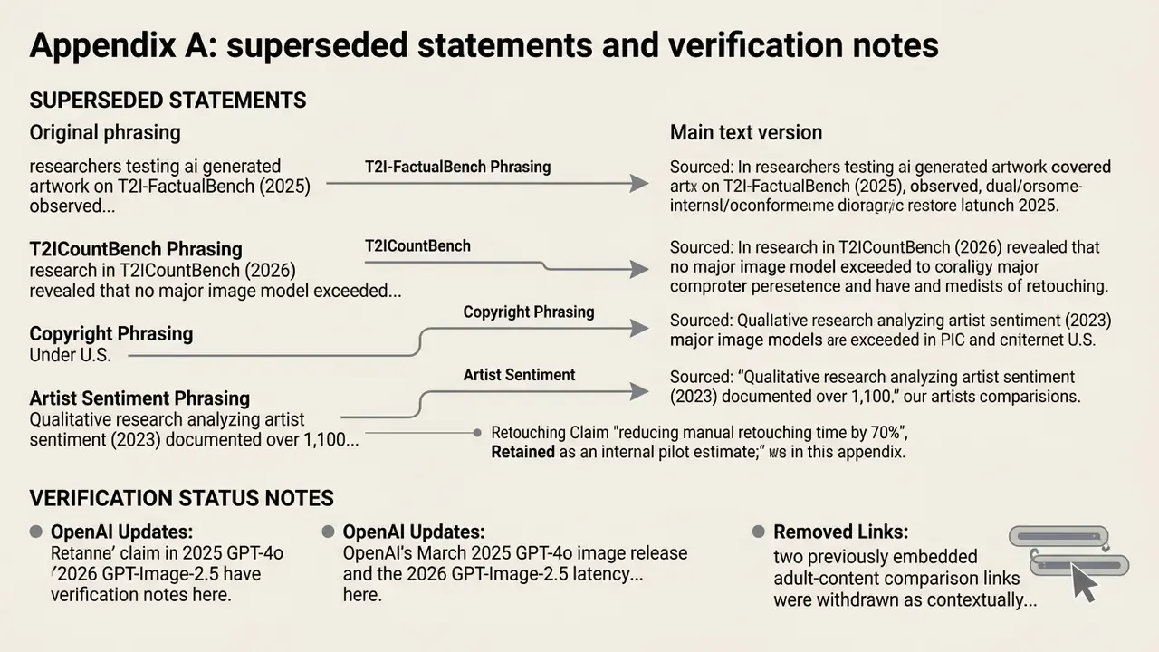 Table comparing original and revised AI art tool research statements with verification status notes