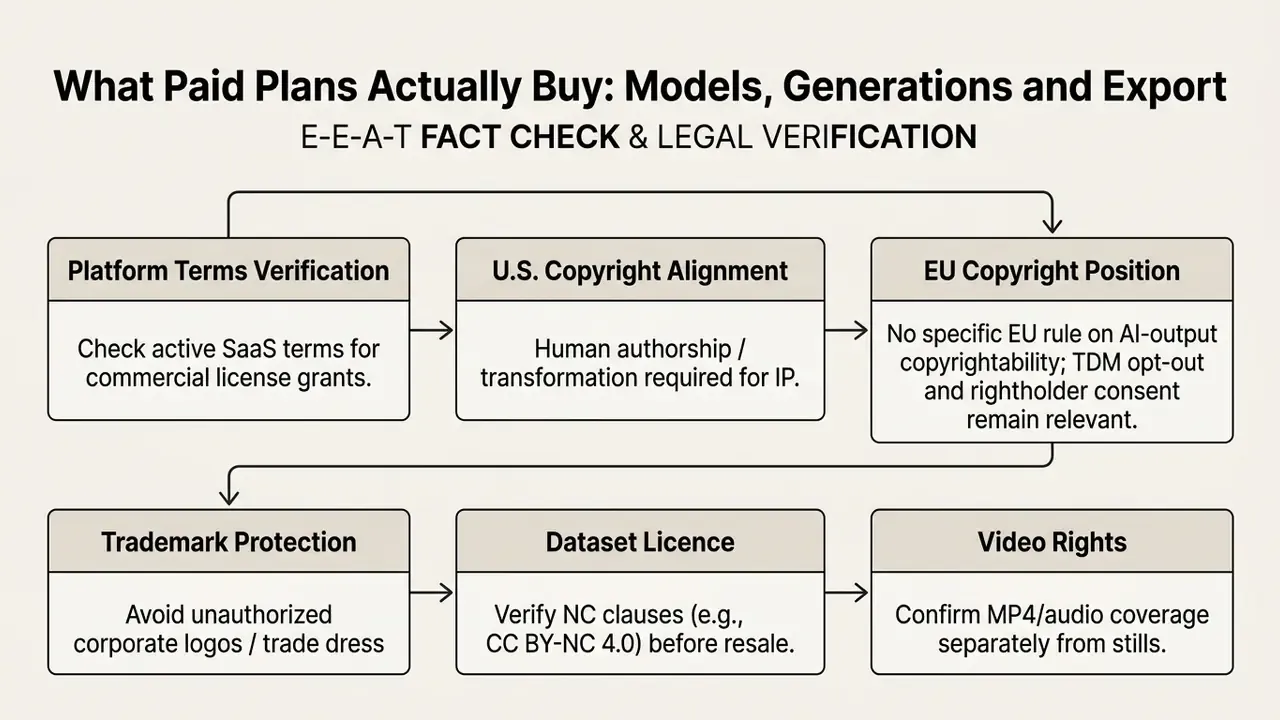 Flowchart outlining legal verification steps for platform terms, copyright, trademarks, and licensing