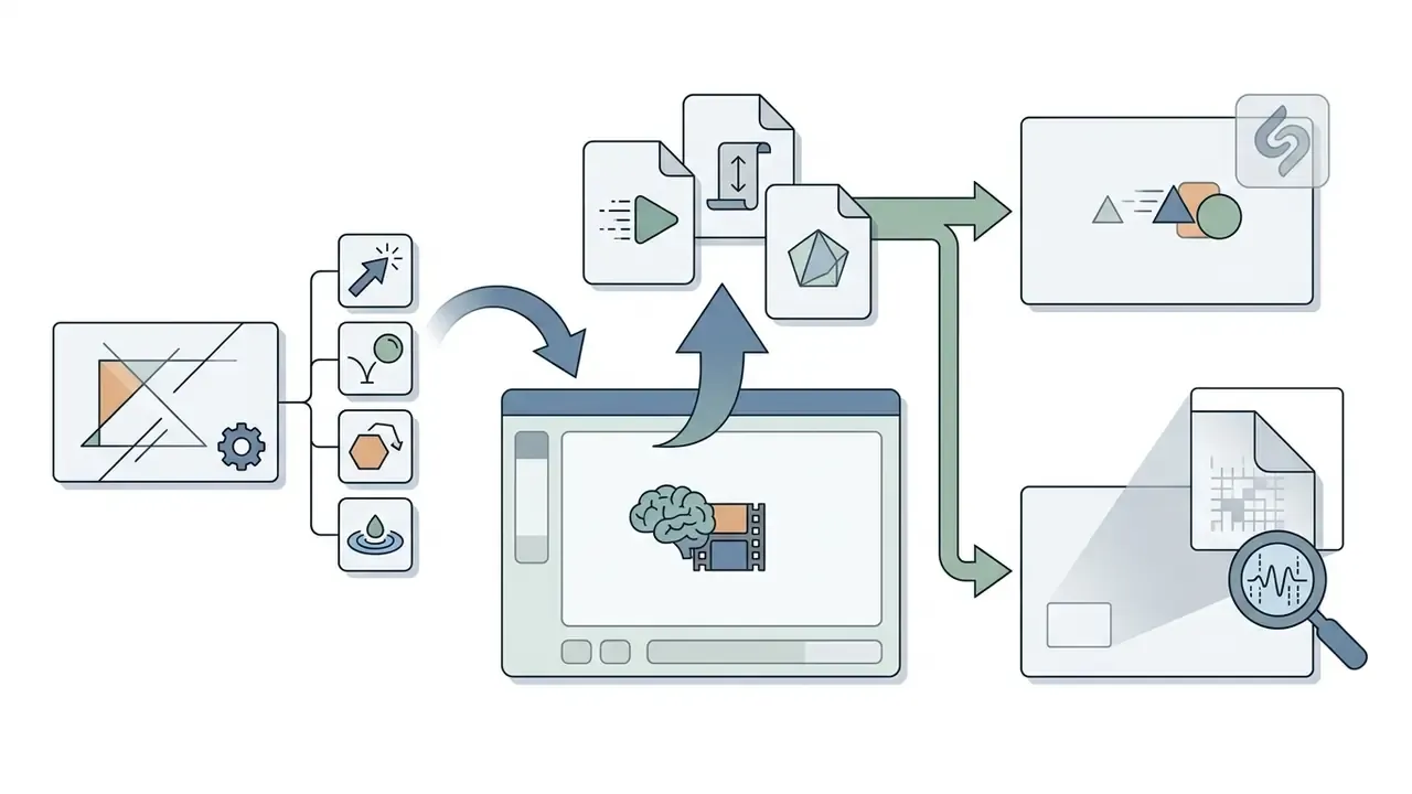 Workflow showing file processing into branded media or hidden digital watermarks via AI tools