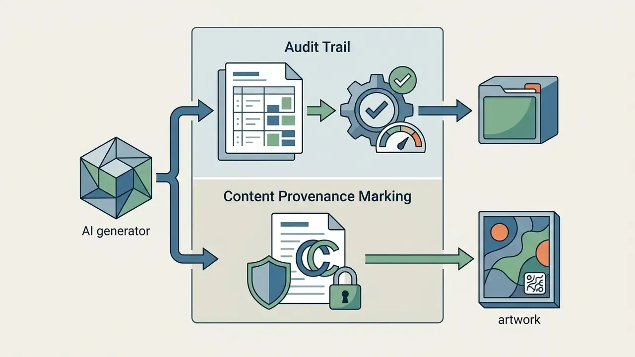 Process flow showing an AI generator feeding into audit trail documentation and content provenance marking