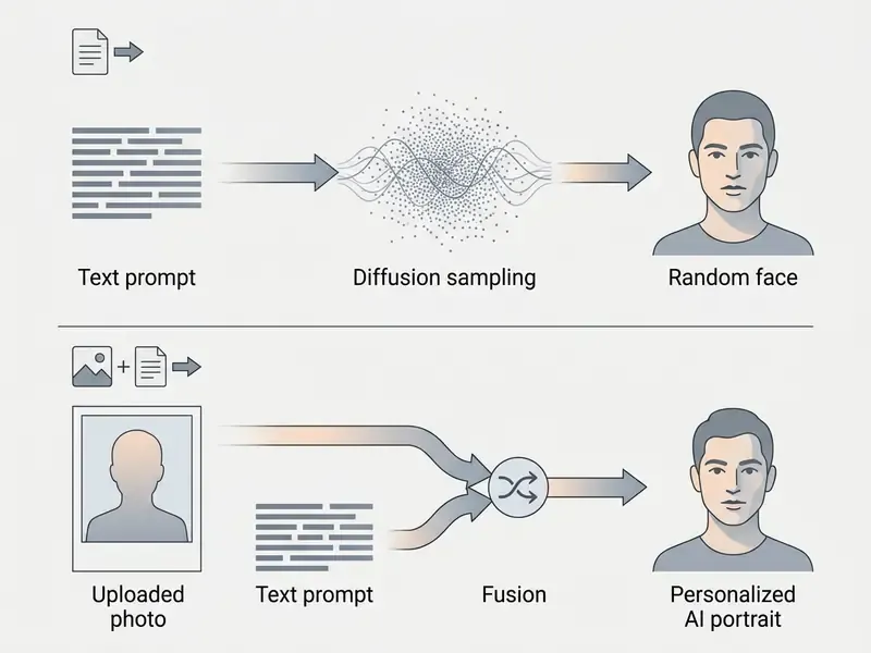 Diagram comparing text-to-image generation with photo-guided AI portrait creation