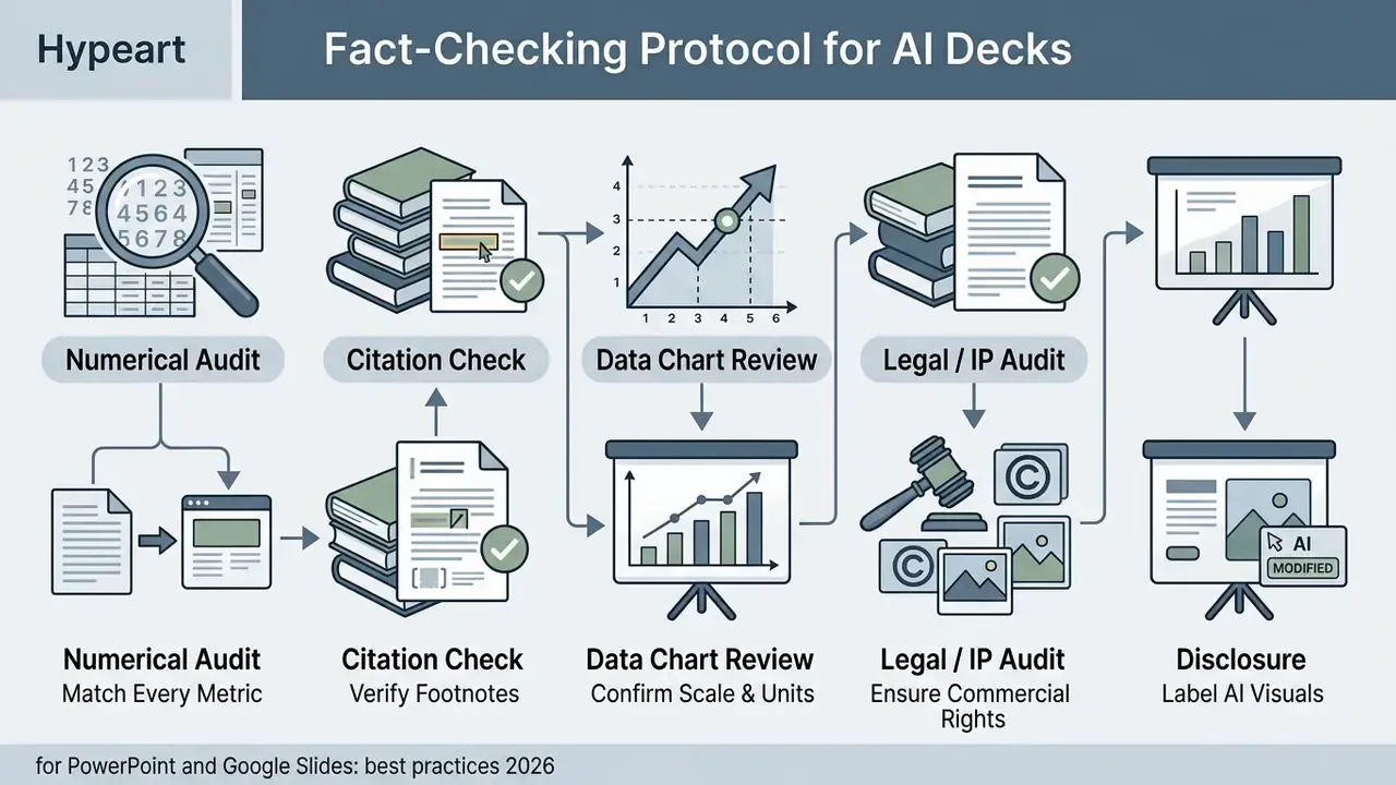 Step by step process diagram for verifying presentation data, citations, legal rights, and AI labels
