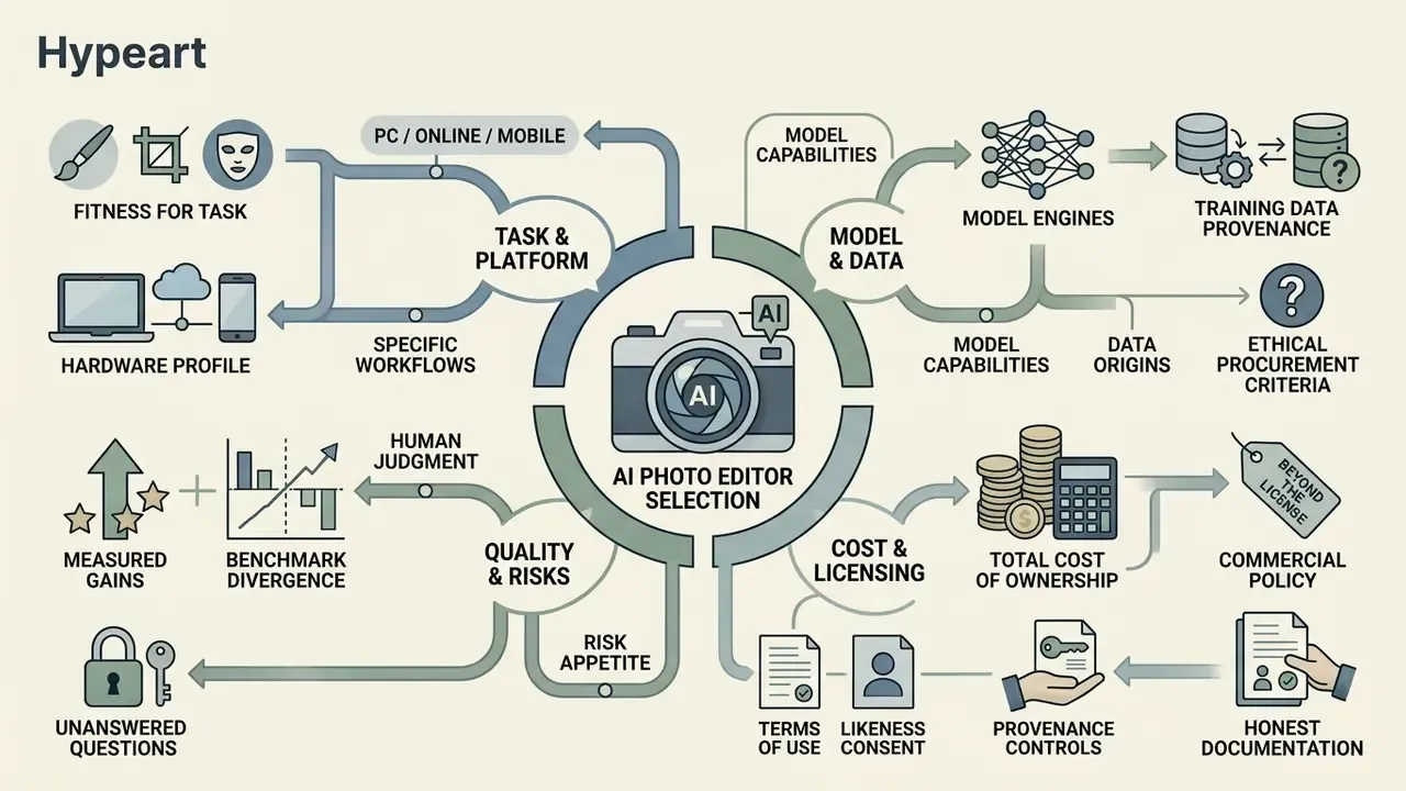 Flowchart mapping criteria for AI photo editor selection including hardware, model provenance, and costs