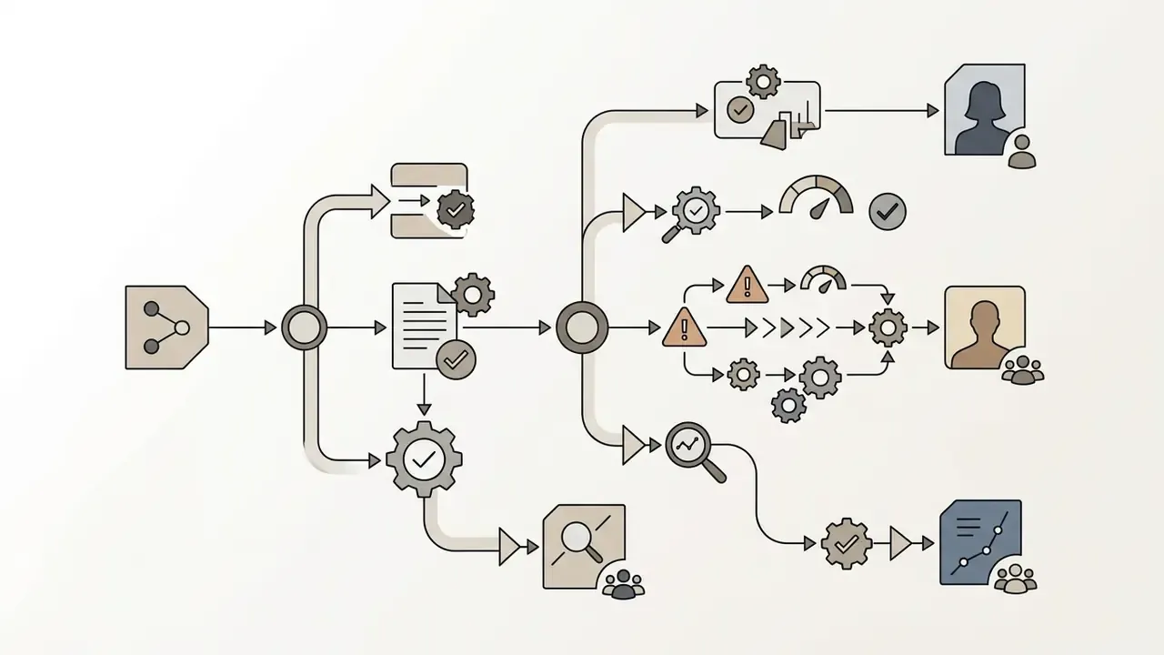 Flowchart showing a branching process with gears and icons leading to specific team assignments