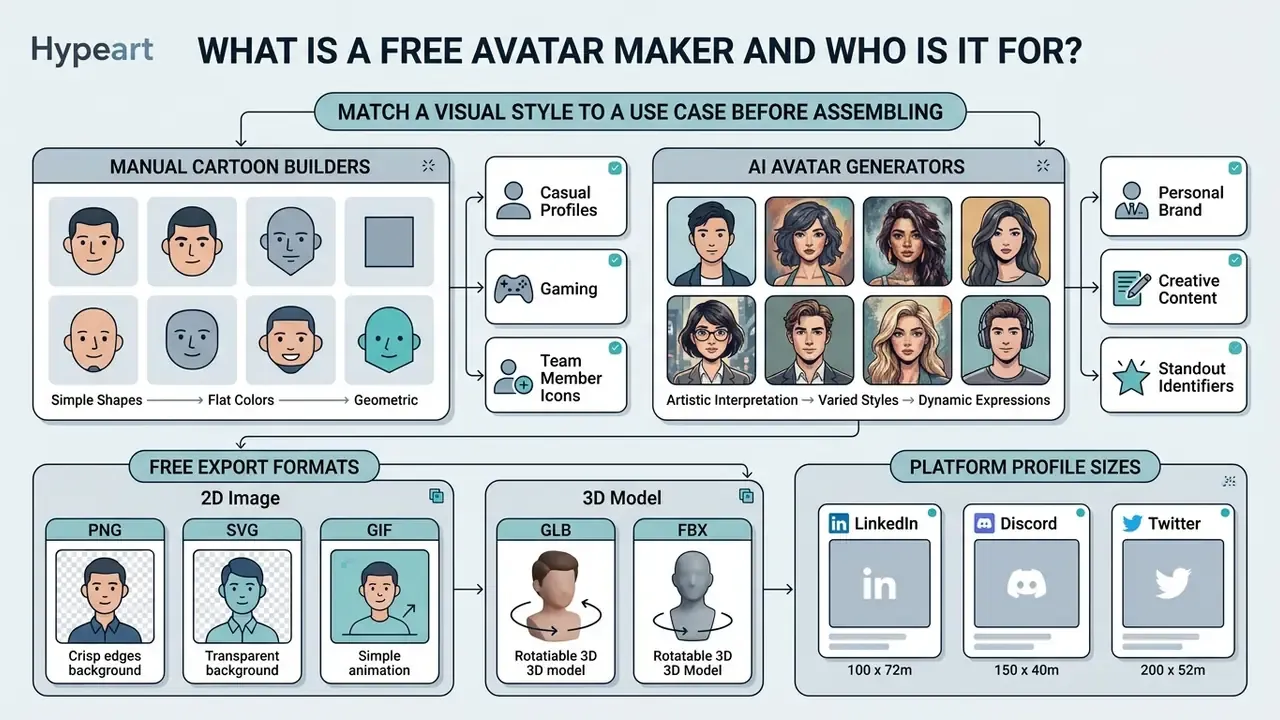 Flowchart comparing manual and AI methods in a free avatar maker to select styles and export formats