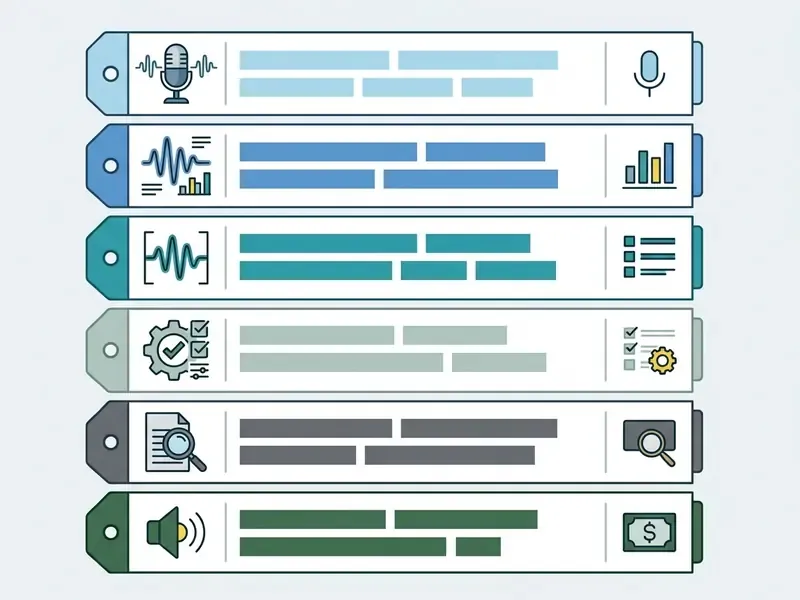 Six horizontal bars with icons and text placeholders representing a checklist for a trump ai voice generator