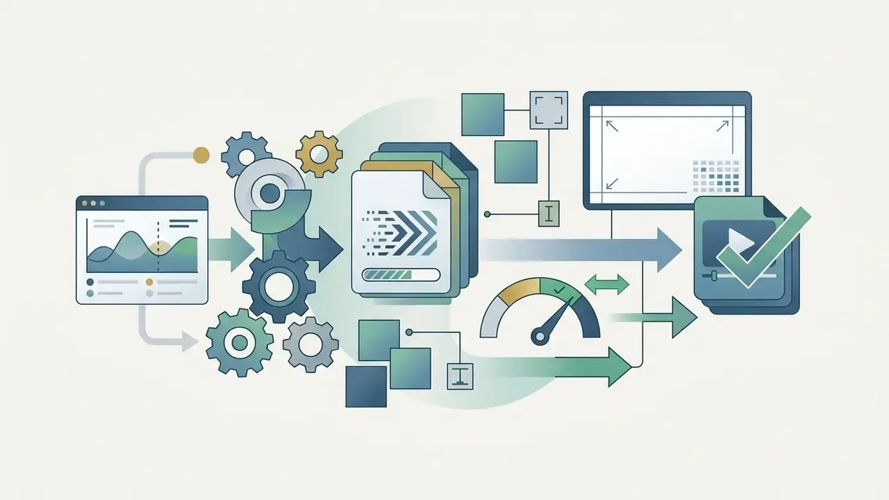 Data charts and gears processing files into a frame size tool and a final video with a checkmark