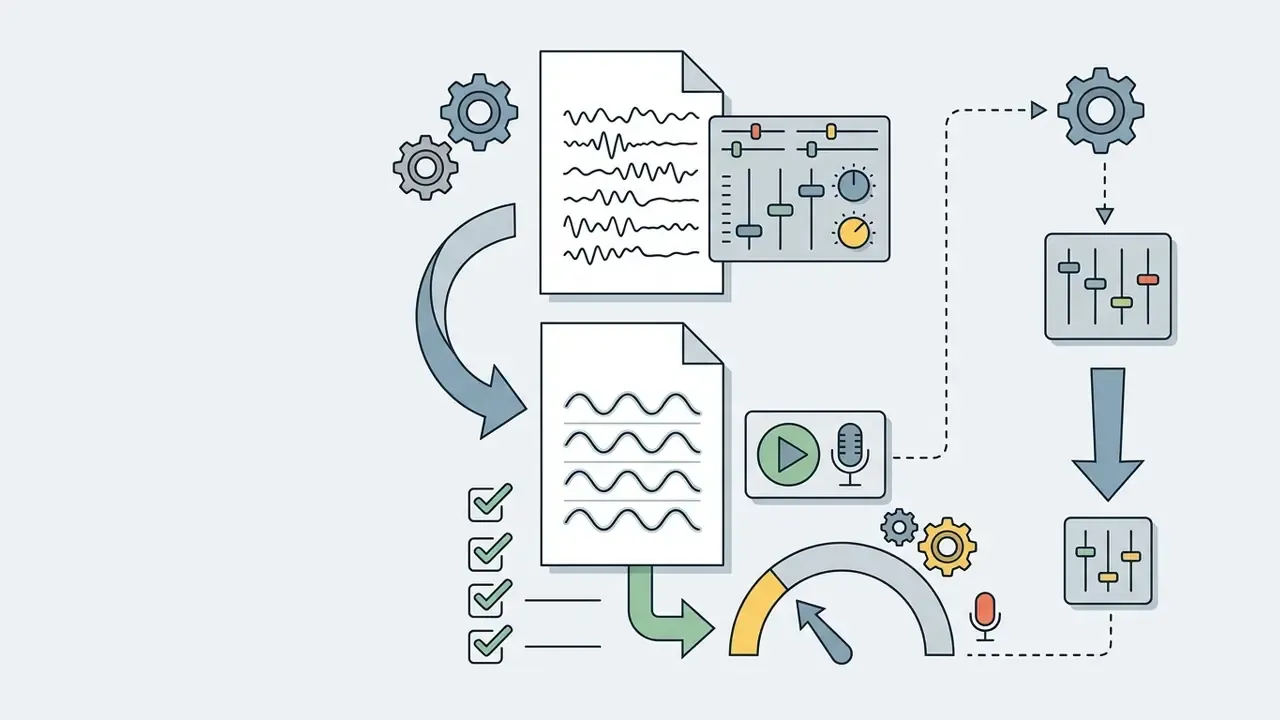 Document processing workflow with audio adjustment controls and a performance gauge