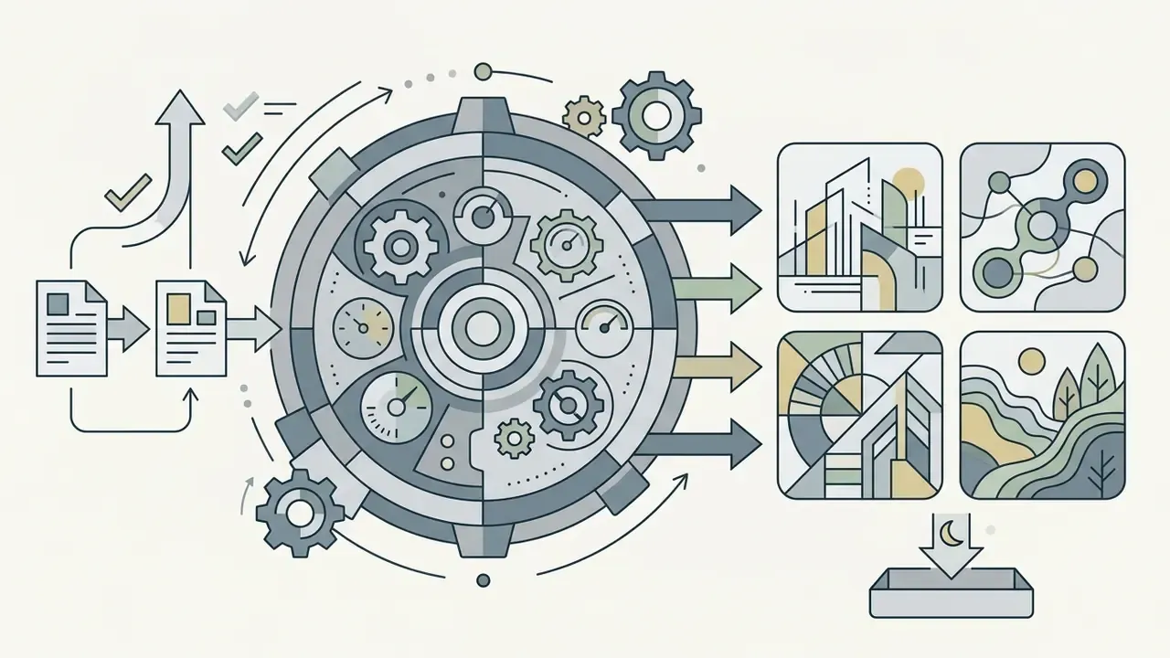 Central gear mechanism processing text prompts into a grid of four distinct visual image variations