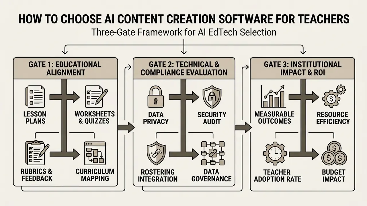 Flowchart outlining a three-gate framework for selecting AI content creation software for teachers