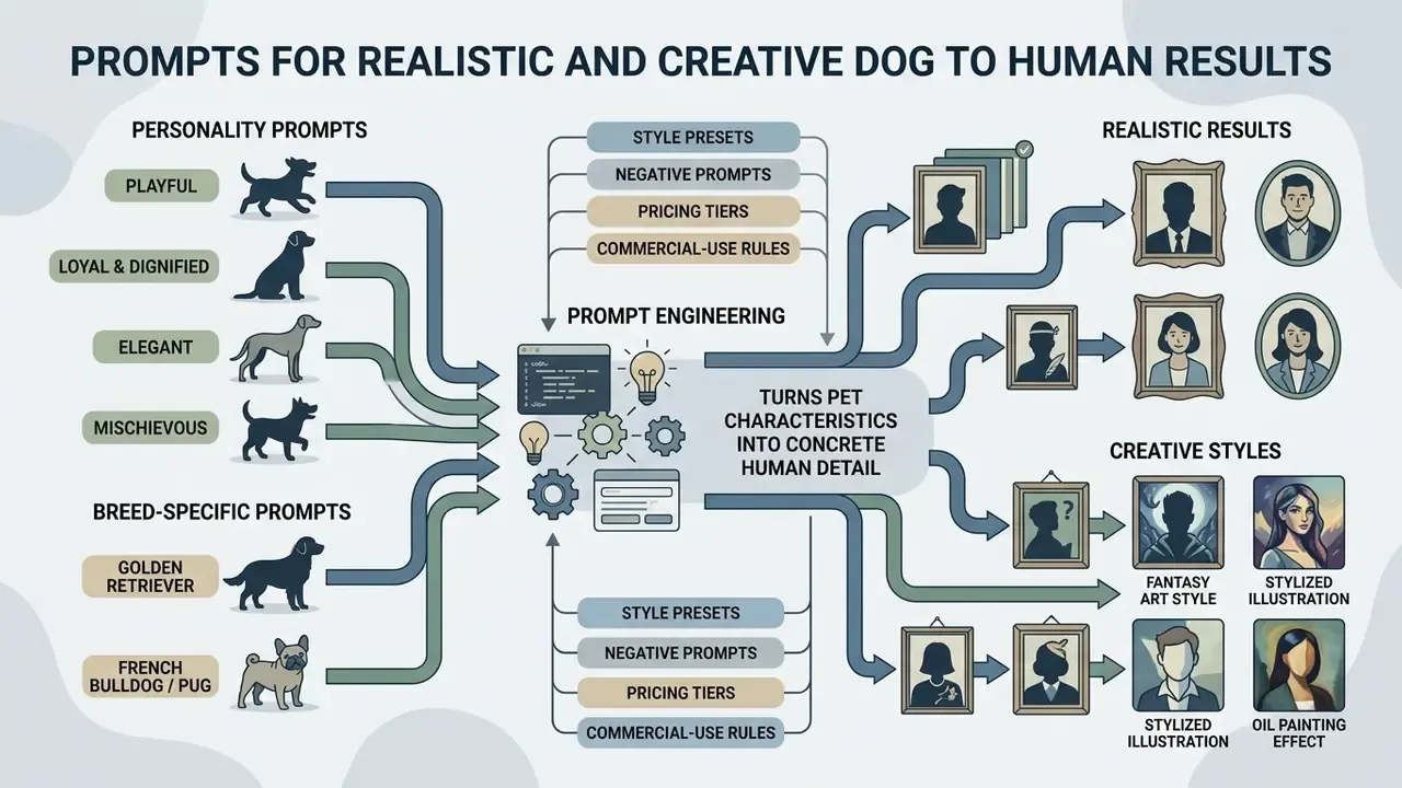 Visual guide showing how personality and breed prompts transform canine traits into human portraits