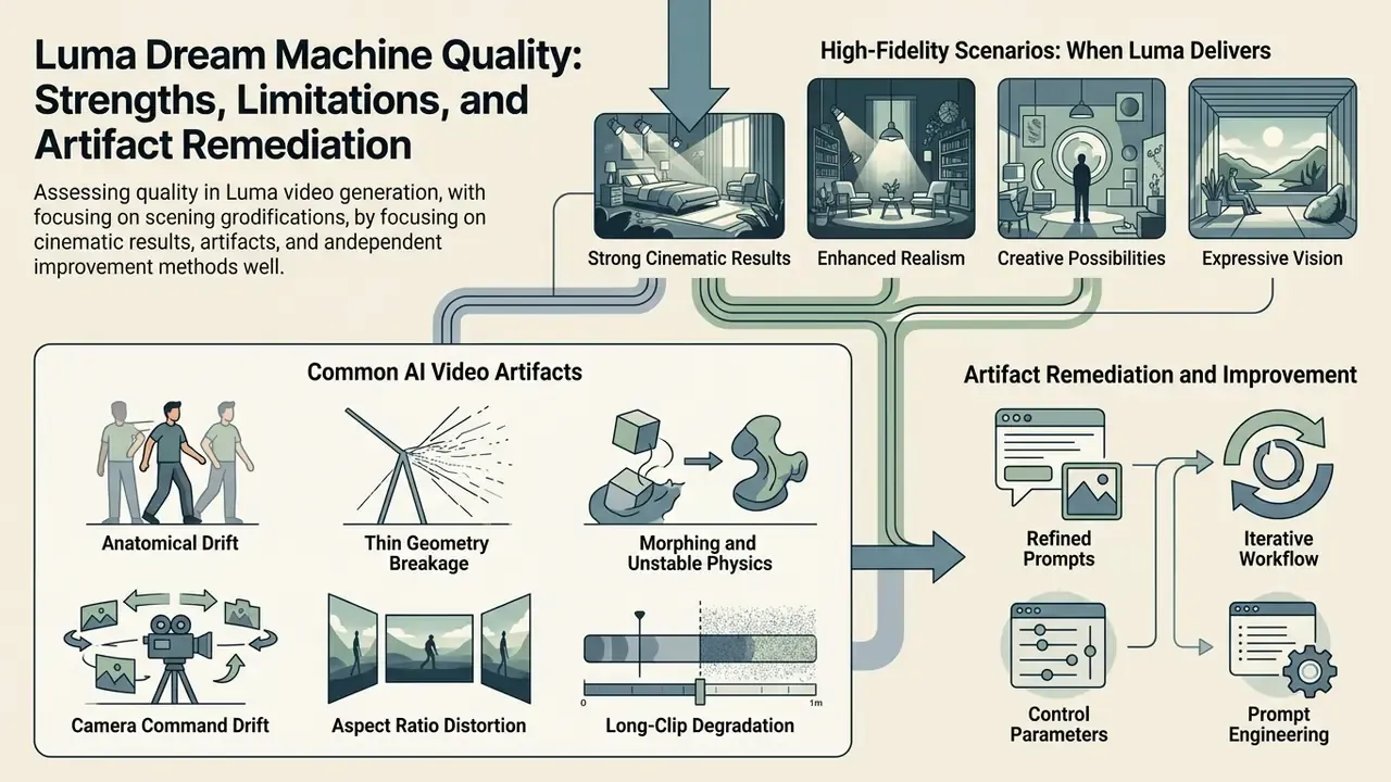 Infographic mapping Luma Dream Machine cinematic strengths against common AI video artifacts and solutions