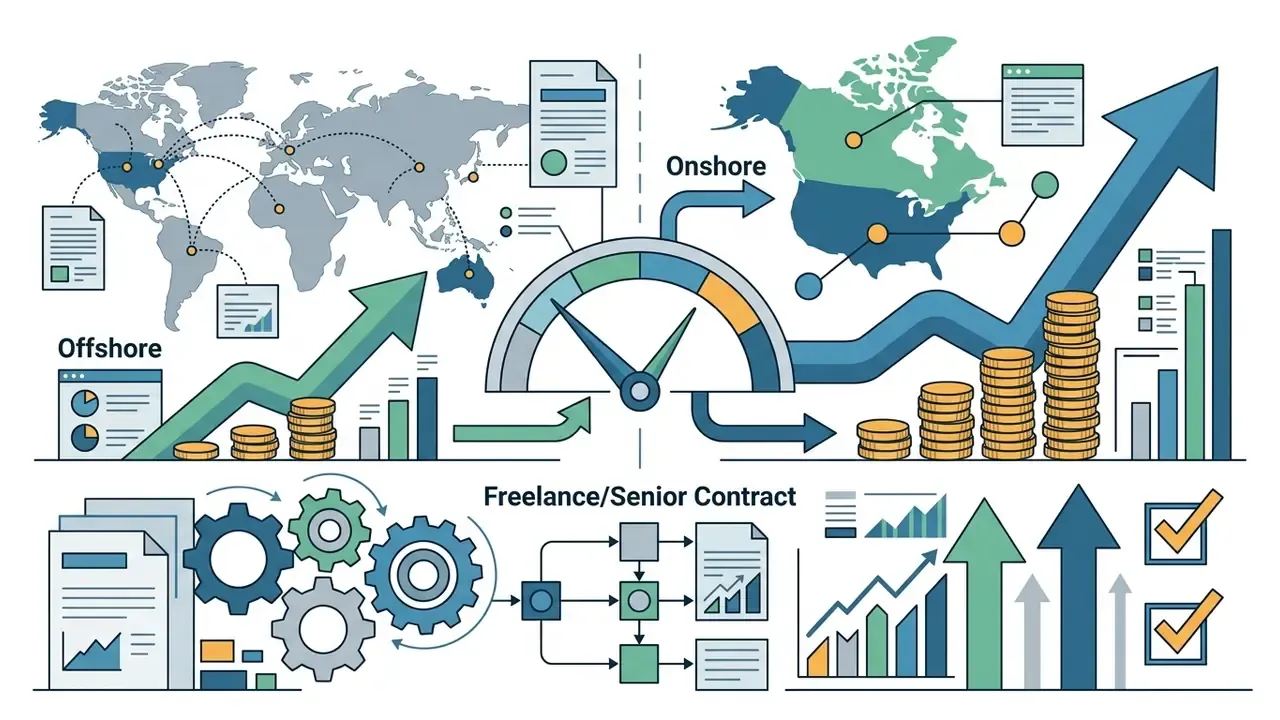 Global map and charts comparing offshore and onshore video editor salary trends with contract workflows