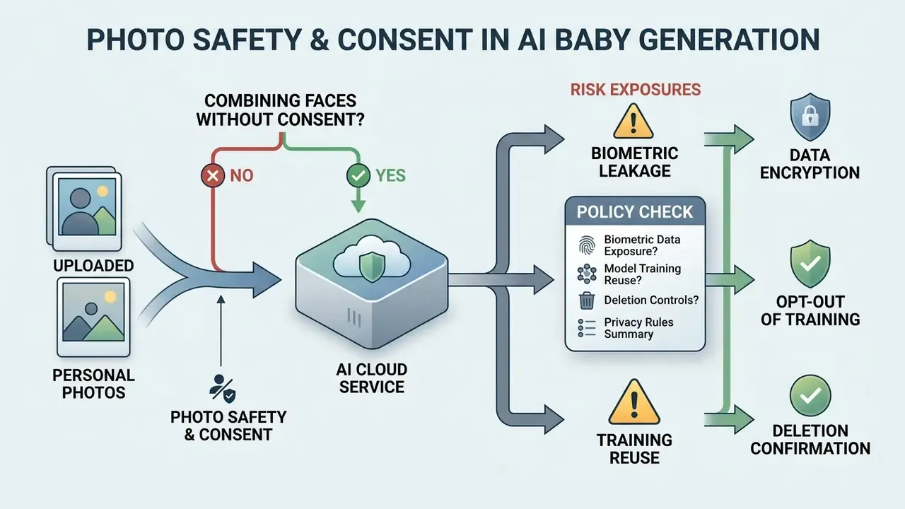 Process flow showing risks of uploading personal photos to cloud services and necessary policy checks