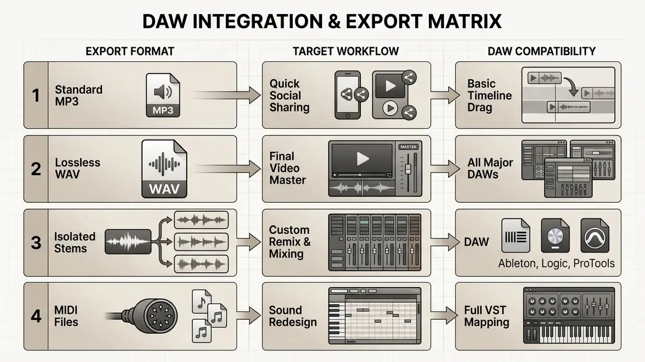 Matrix mapping audio export formats to target workflows and DAW compatibility for music production