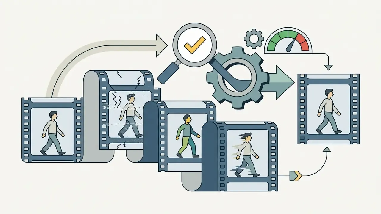 Film strips showing character animation frames being inspected by a magnifying glass and gear mechanism