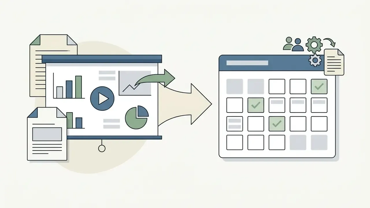 Presentation slide deck with charts and video icons connecting to a digital calendar booking interface