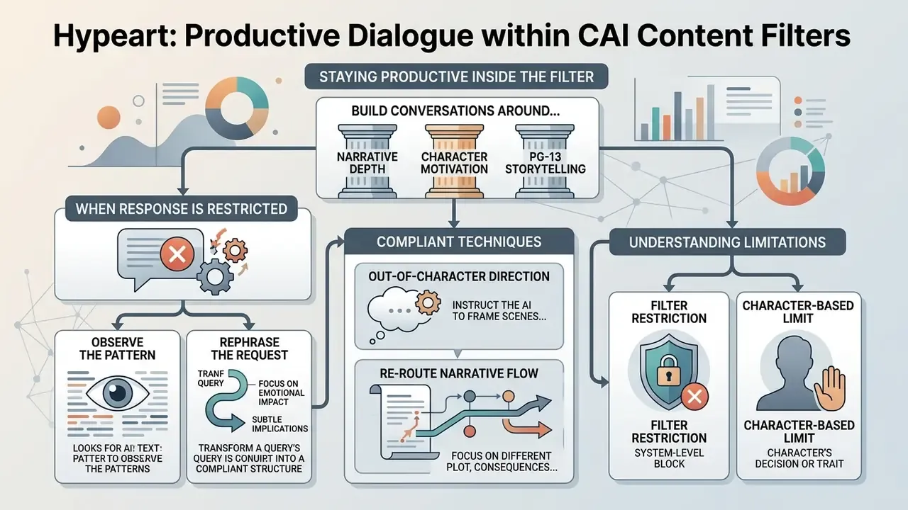 Infographic detailing strategies for maintaining narrative depth and compliant communication in chat