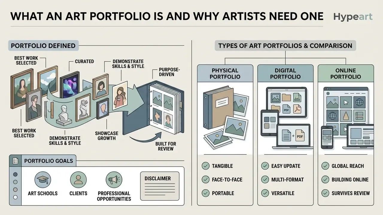 Infographic comparing physical, digital, and online art portfolios with goals and key definitions