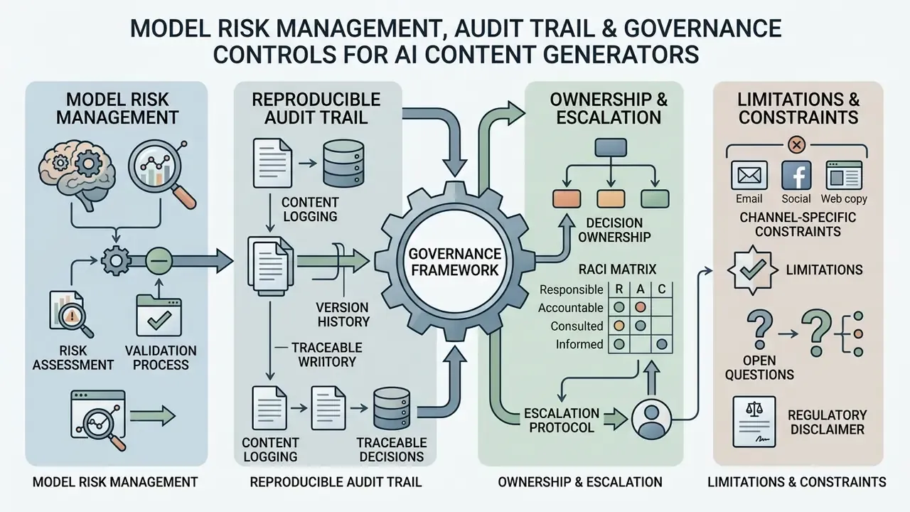 Flowchart detailing governance frameworks for risk management, audit trails, and ownership in automated systems