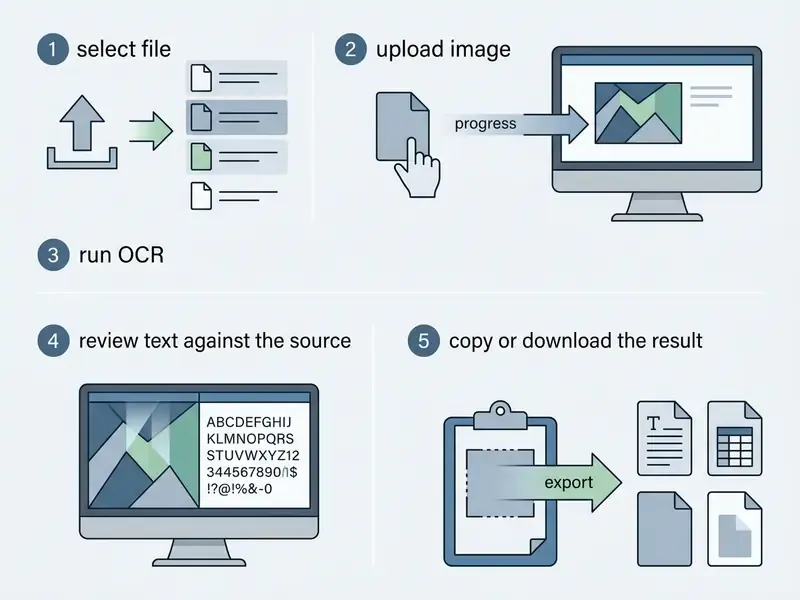 Five numbered steps illustrating the process to convert image to text by uploading and exporting files