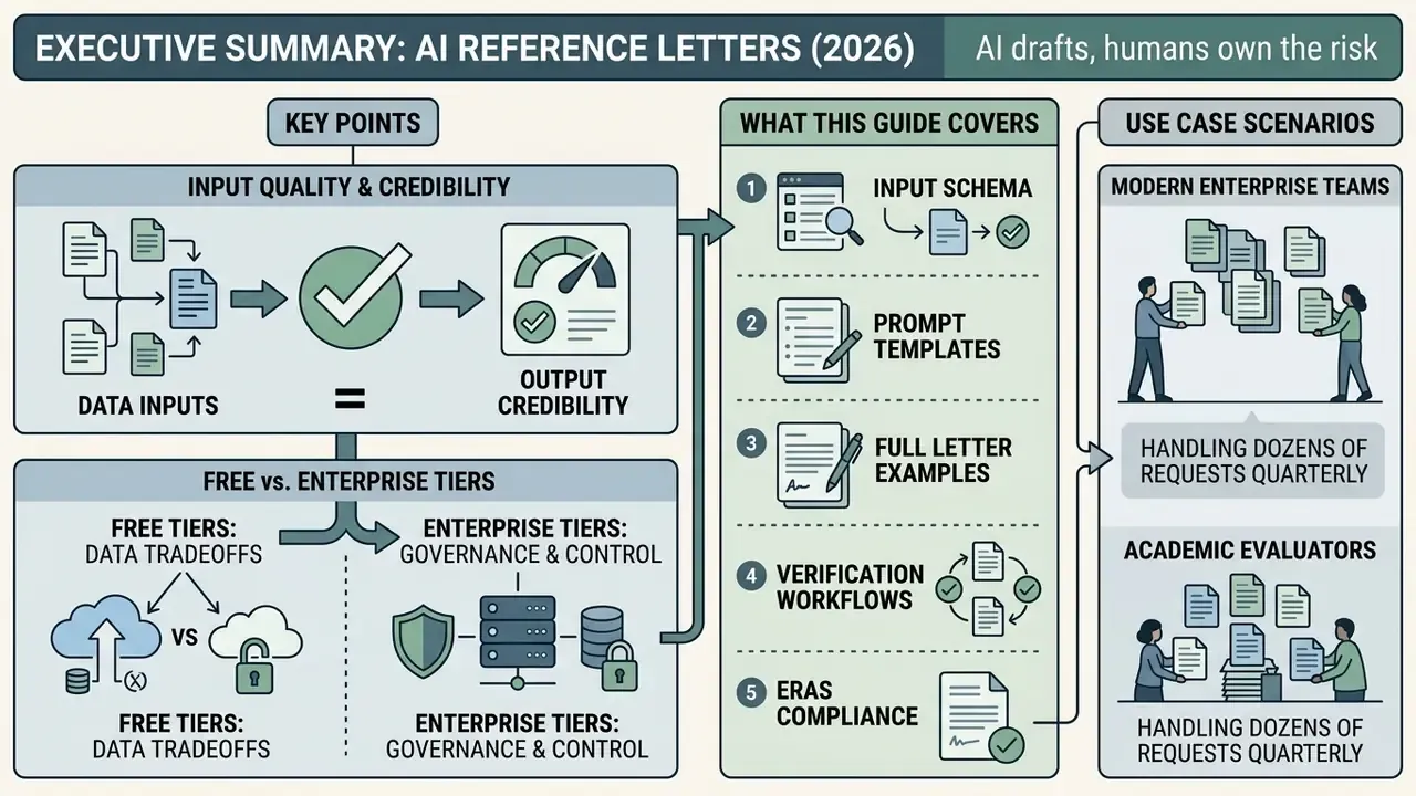 Infographic showing how AI reference letter generator workflows balance input quality and enterprise risk