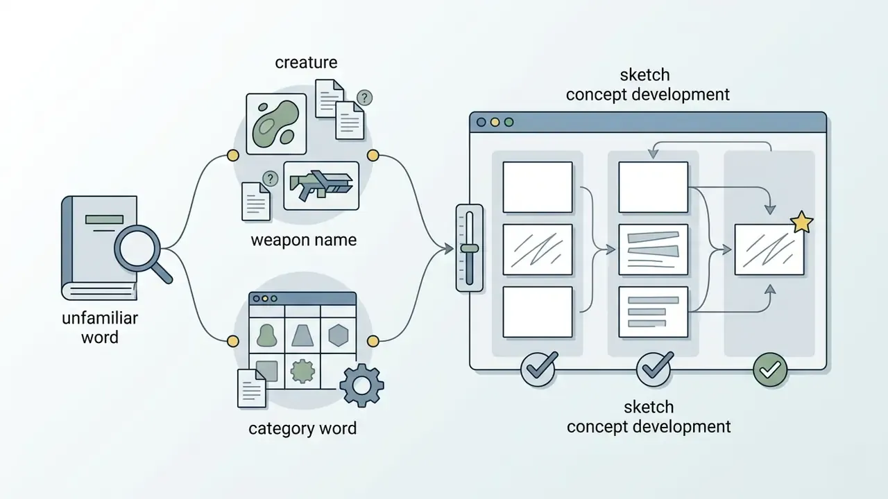 Researching unfamiliar words to collect references and sketch multiple variations for concept development